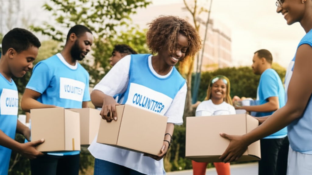 Volunteers distributing supplies to families in need