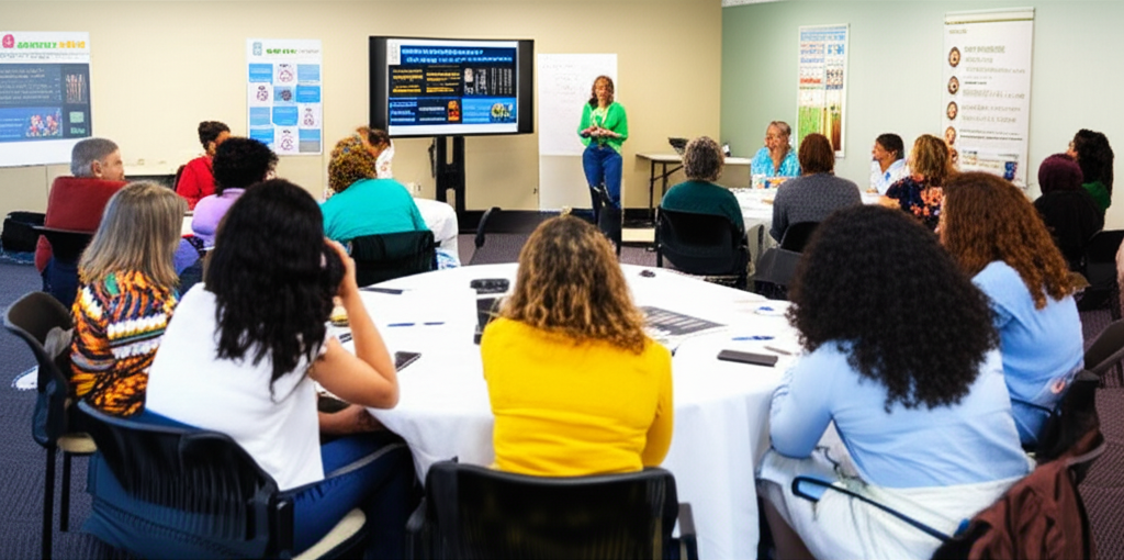 Health awareness workshop with community members learning about healthcare services