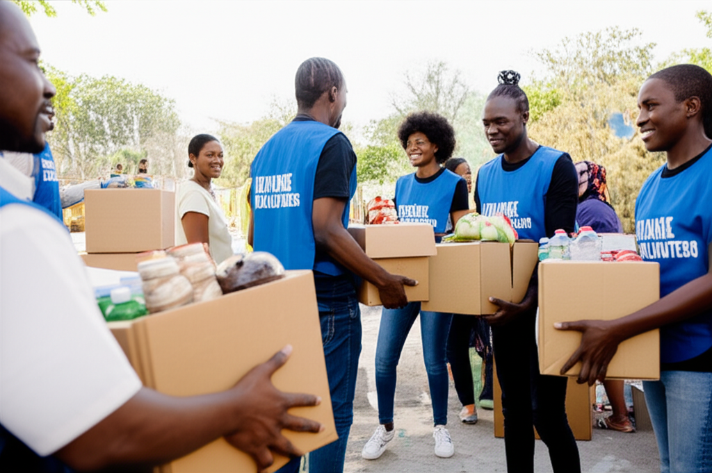 Volunteers distributing essential supplies to families in need